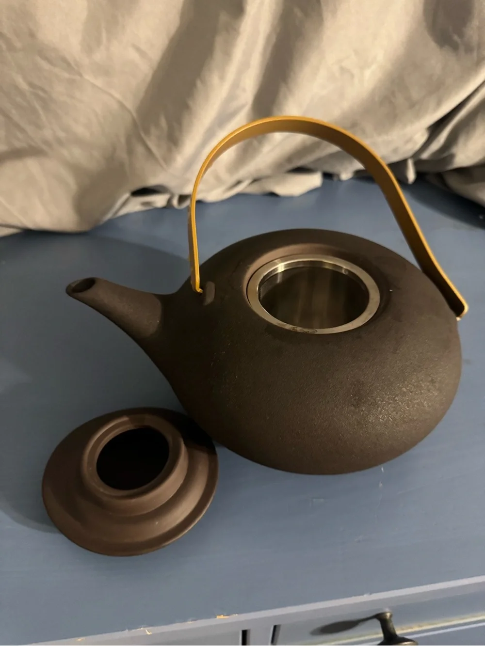 Teavana Matte gray stoneware Teapot with Yellow Handle and Stainless Infuser